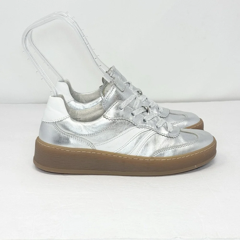 Gabor Low Top Sneakers 86.475 Womens 7.5 Silver Metallic Leather Gum Sole